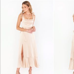 SHOW ME YOUR MUMU Claire Midi Dress in Champagne Luxe Satin